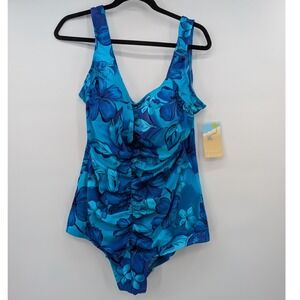 Summer Beach Plus Size 22W Blue Floral Ruched One Piece Swimsuit NWT Tropical